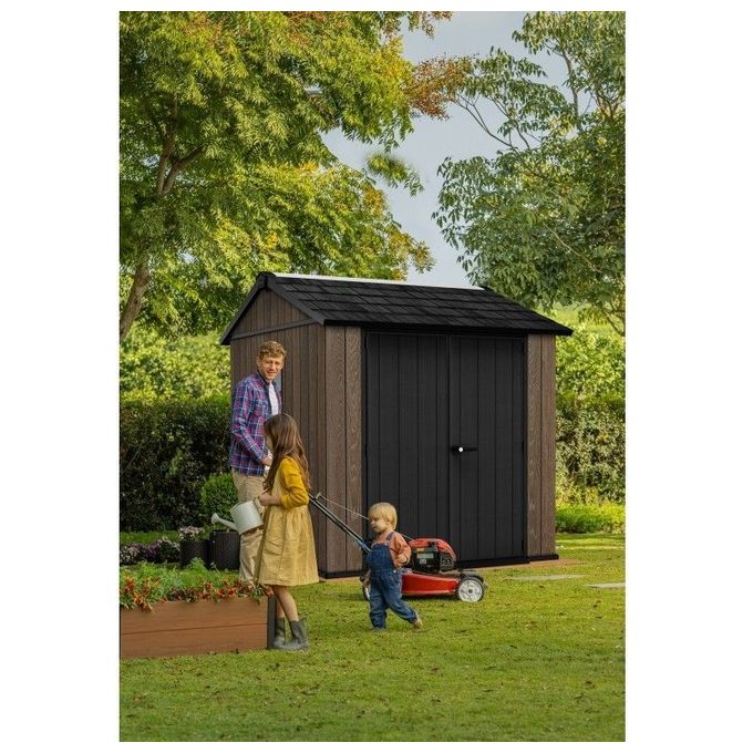 Keter 263097 Signature Apex Casetta da Giardino in Resina 5.25 m² 287x230x246 cm resistenza vento 145 Km-h neve 150 Kg-m² colore Noce