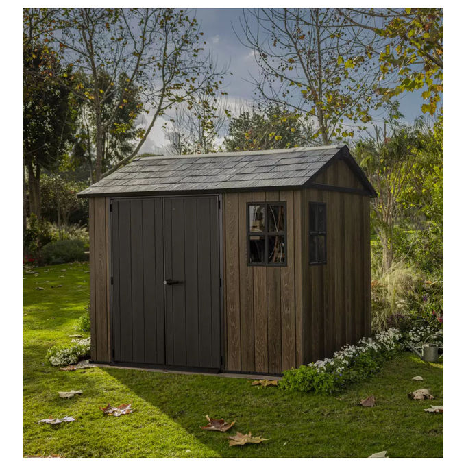 Keter 263097 Signature Apex Casetta da Giardino in Resina 5.25 m² 287x230x246 cm resistenza vento 145 Km-h neve 150 Kg-m² colore Noce