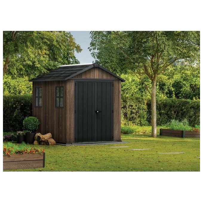 Keter 263097 Signature Apex Casetta da Giardino in Resina 5.25 m² 287x230x246 cm resistenza vento 145 Km-h neve 150 Kg-m² colore Noce