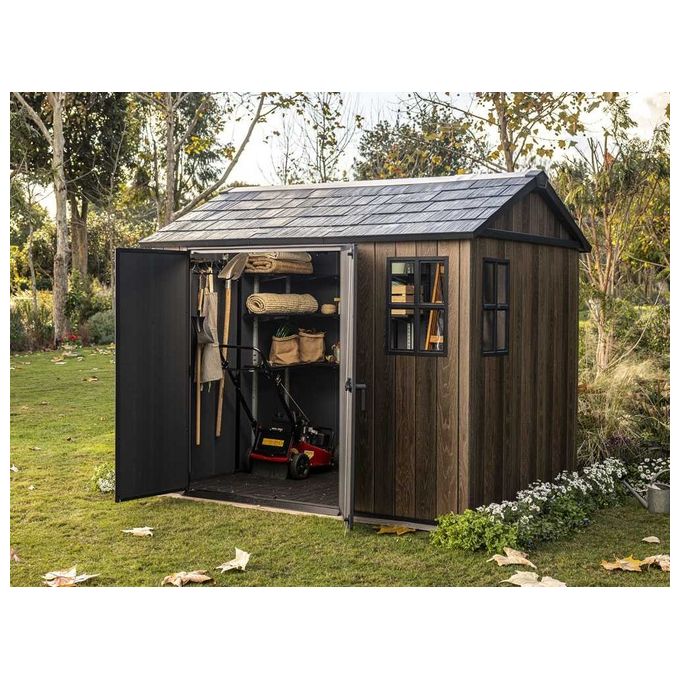 Keter 263097 Signature Apex Casetta da Giardino in Resina 5.25 m² 287x230x246 cm resistenza vento 145 Km-h neve 150 Kg-m² colore Noce