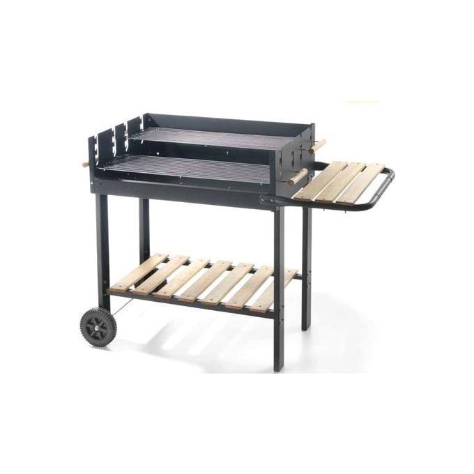 Ompagrill 73500 Black Line 70 47 Eco Barbecue a Carbonella Doppia Griglia 70x22,5 cm Acciaio Verniciato Carrello Mensola Legno colore Nero