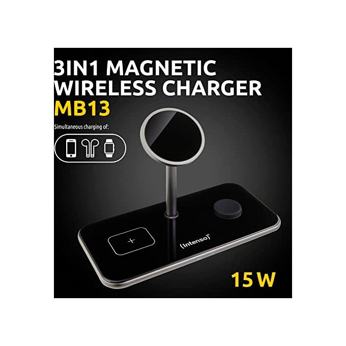 Intenso 7410810 MB13 Caricabatterie Wireless 3 in 1 Compatibile MagSafe Ricarica Rapida 15 W con Alimentatore USB-C Nero