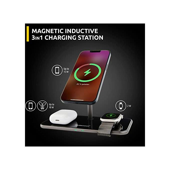 Intenso 7410810 MB13 Caricabatterie Wireless 3 in 1 Compatibile MagSafe Ricarica Rapida 15 W con Alimentatore USB-C Nero
