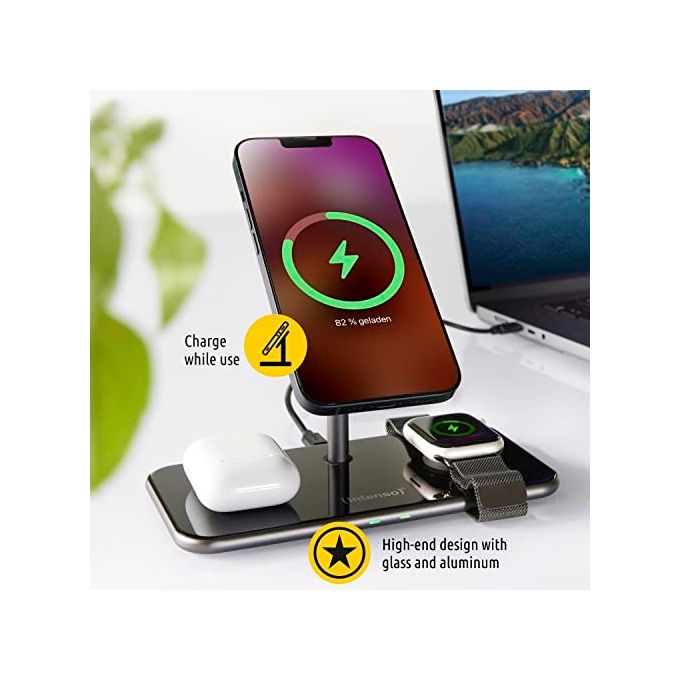 Intenso 7410810 MB13 Caricabatterie Wireless 3 in 1 Compatibile MagSafe Ricarica Rapida 15 W con Alimentatore USB-C Nero