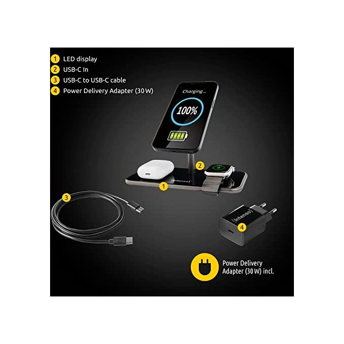 Intenso 7410810 MB13 Caricabatterie Wireless 3 in 1 Compatibile MagSafe Ricarica Rapida 15 W con Alimentatore USB-C Nero