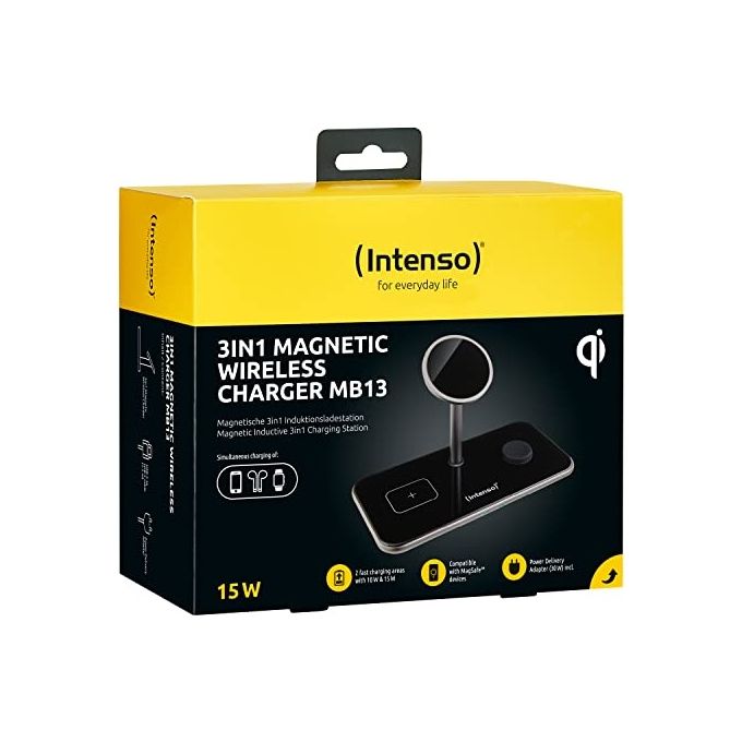 Intenso 7410810 MB13 Caricabatterie Wireless 3 in 1 Compatibile MagSafe Ricarica Rapida 15 W con Alimentatore USB-C Nero