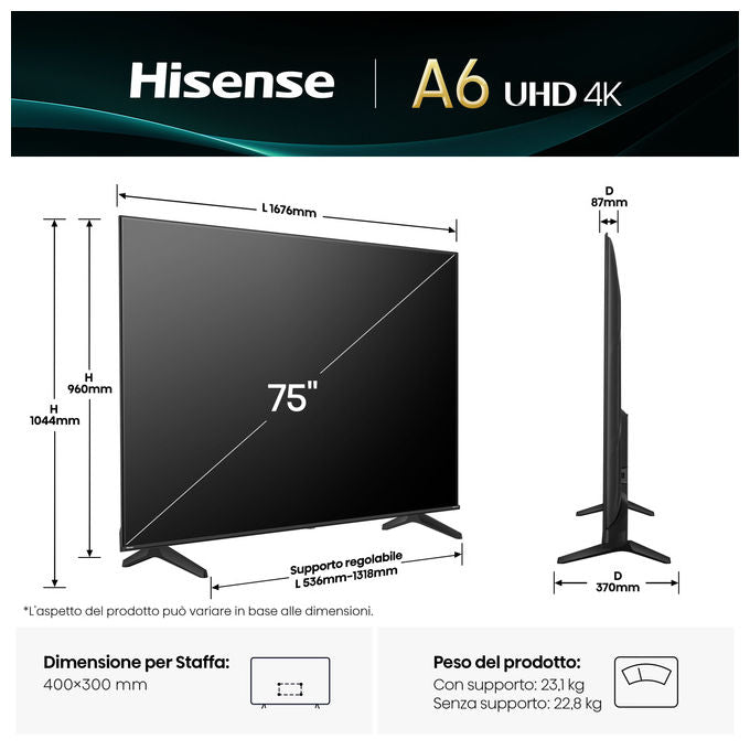 Hisense smart tv 75 pollici 4K, 75A6Q, VIDAA U8, Dolby Vision, HDR10, Game Mode Plus, Alexa, D-LED, DVB-T2