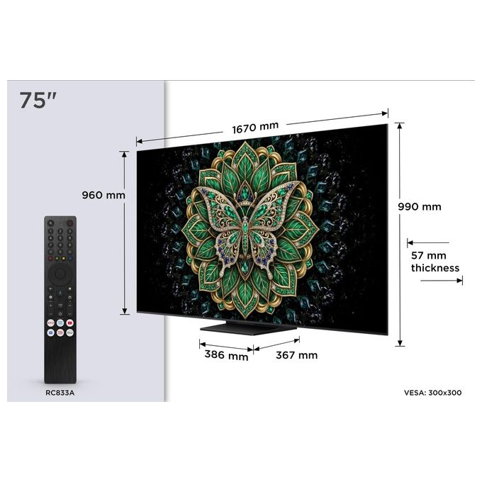 TCL 75C6K PRO Smart TV 75'' QD Mini LED 4K UHD 144Hz Google TV Dolby Atmos DVB T2 colore Nero