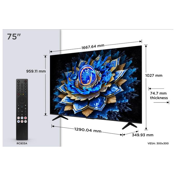 TCL 75T69C T69C Smart TV QLED 75'' 4K Ultra HD Google TV Dolby Vision HDR10+ Dolby Atmos colore Nero