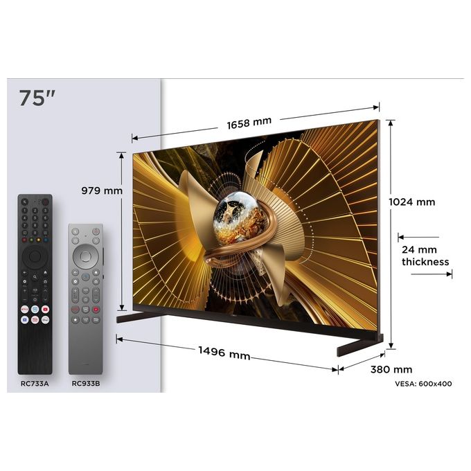 TCL 75X11L X11L Smart TV 75'' QD-Mini LED 4K 144Hz 9000 nit 11520 Zone Google TV Dolby Vision Atmos Audio Bang Olufsen colore Nero