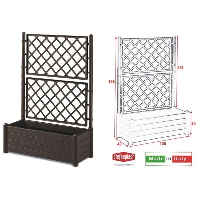 Stefanplast 80036 Italia Fioriera Rettangolare con Spalliera Esterno 80 L Effetto Legno colore Moka