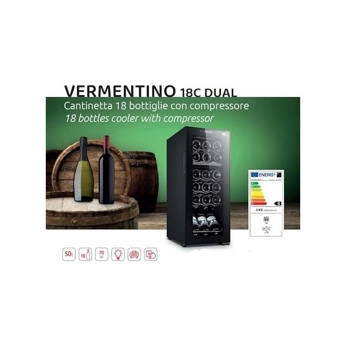 Melchioni 118700238 Vermentino 18C Dual Cantinetta Vino con Compressore 18 Bottiglie 2 Zone 5-18°C 50L Classe G 46 dB (83x48x34.5 cm) colore Nero