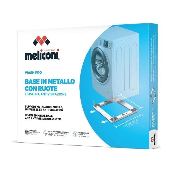 Meliconi 656141 Base Wash Pro Base Antivibrazione con Ruote per Lavatrice Regolabile 44-60 cm Portata 250 Kg colore Bianco