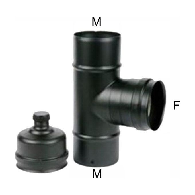 Maral - Gomito a T in acciaio inox Ø10 cm, con tappo ispezione nero, per canne pellet