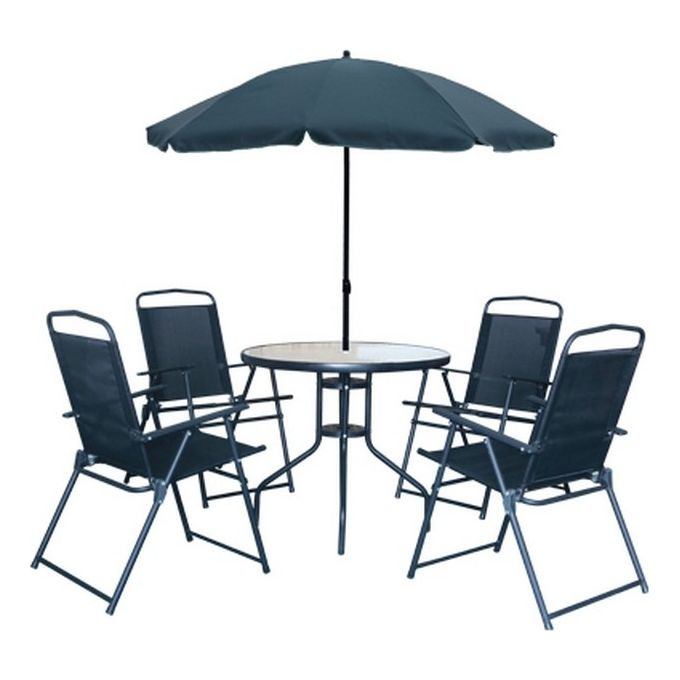 Brixo Set Funny Set da Giardino Ombrellone 180 cm Tavolo 4 Sedie Struttura Acciaio Piano Vetro Temperato colore Nero