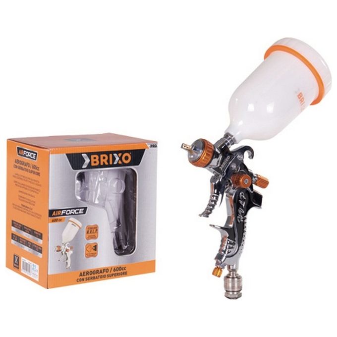 BRIXO  AIRFORCE Aerografo Serbatoio Superiore 600 cc in Alluminio e Nylon Ugello in Ottone 1,4 mm M 1-4'' Attacco Filettato tecnologia H.V.L.P. colore Nero