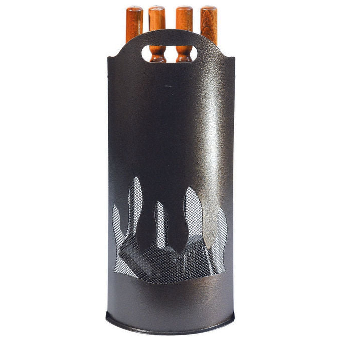 Artigian Ferro Panel Set Attrezzatura Camino 4 Pezzi Ferro Battuto Verniciato Manici in Legno Decoro Fiamma 23x60 cm