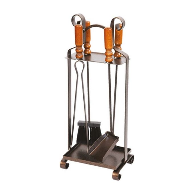 Brixo FRA-355059 Attrezzatura per Camino Totem 4 Pezzi con Contenitore Manici in Legno Ferro Battuto Verniciato a Polvere dimensioni 27xH65 cm colore Nero