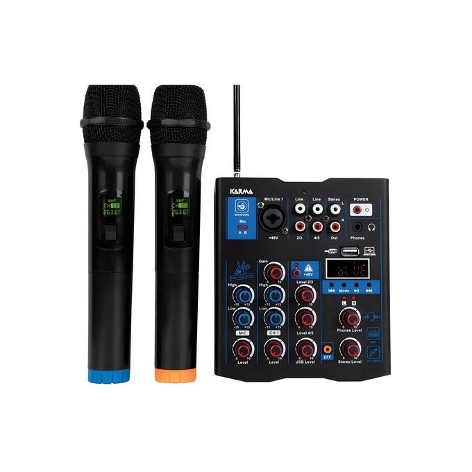 Karma MXW 5 Mixer 5 canali con doppio radiomicrofono Frequenza 177.6 MHz e 204.6 MHz USB Type-C incluso Alimentazione Phantom +48V Bluetooth DSP 16 effetti colore Nero
