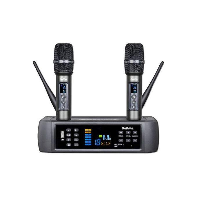 Karma ORBIT24 Base multimediale con doppio radiomicrofono 50 canali UHF 573.50-594.90 MHz Bluetooth integrato USB per MP3 e funzione vocal cut colore Nero