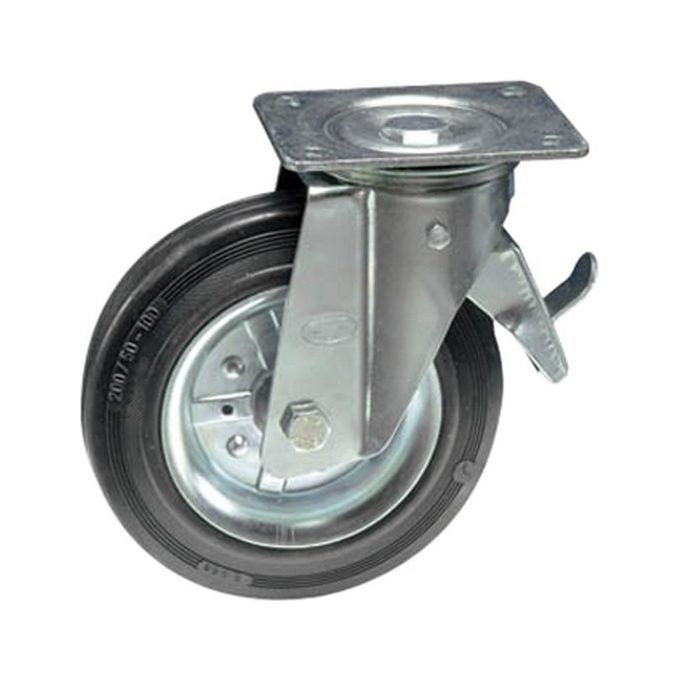 ROCARR 350FR Ruota con Forcella Rotante con Freno Diametro 200 mm Capacita' 250 Kg Materiale Gomma Nera con Flange in Acciaio Supporto Zincato colore Nero