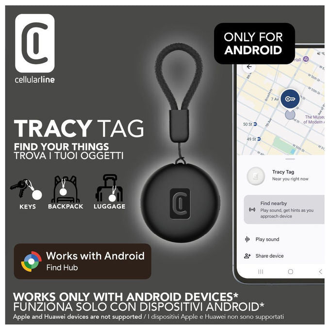 Cellularline Tracy Tag, Localizzatore Bluetooth Android, Compatibile Google Find Hub