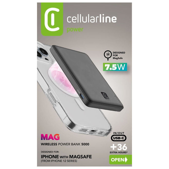 Cellularline PBNEWMAG5000K Power Bank Wireless con Tecnologia MagSafe Capacita' 5000 mAh Potenza di Ricarica 7.5W colore Nero