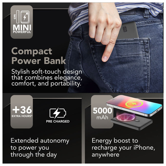 Cellularline PBNEWMAG5000K Power Bank Wireless con Tecnologia MagSafe Capacita' 5000 mAh Potenza di Ricarica 7.5W colore Nero