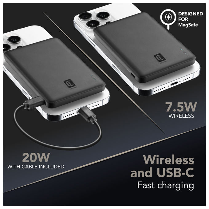 Cellularline PBNEWMAG5000K Power Bank Wireless con Tecnologia MagSafe Capacita' 5000 mAh Potenza di Ricarica 7.5W colore Nero