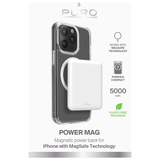 Puro, Power Bank Magnetico, 5000 mAh, Ricarica Wireless, Bianco