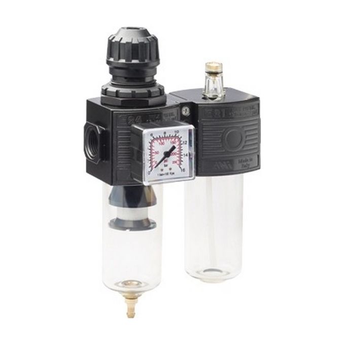 ANI AH116507 Gruppo Filtro Regolatore Lubrificatore per Aria Compressa con Attacco 1-4 F Manometro Regolazione Micrometrica Valvola Scarico Sovrapressioni colore Nero