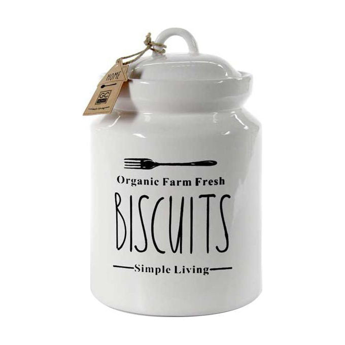 Gicos 784828 Biscottiera in Ceramica con Tappo a Pressione e Scritta Biscuits colore Bianco