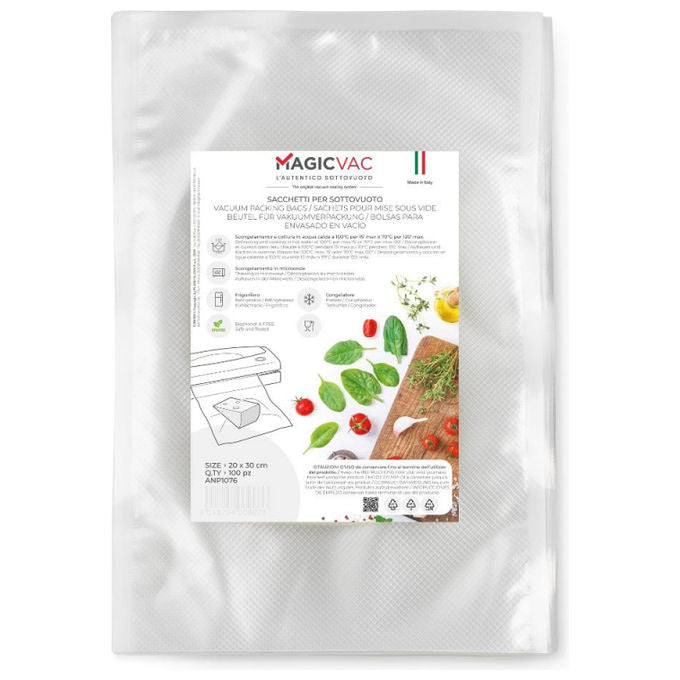 Magic Vac ANP1076 Sacchetti Sottovuoto 100 pezzi 20x30 cm Multistrato Senza BPA Goffrati per Congelatore Cottura e Bollitura