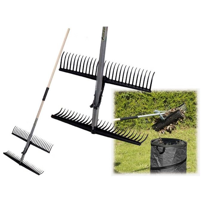 Brixo Rastrello Raccoglitore Foglie 28 Denti Doppio Pettine Manico in Legno 55 cm Larghezza 170 cm