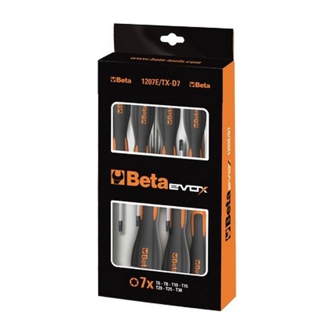 Beta 1207E-TX-D7 Serie 7 Giravite Torx 7 pezzi T6 T8 T10 T15 T20 T25 T30 Impugnatura Ergonomica Evox Foro Sospensione Calotta Sferica colore Nero