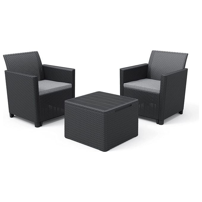 Keter K253065 Claire Balcony Set 2 Poltrone e Tavolino Contenitore Effetto Rattan in Resina colore Grafite