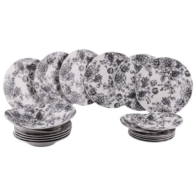 Villa d'Este Home Tivoli 1996 5922467 Madame Servizio Piatti 18 Pezzi in Porcellana Lucida con Decoro Floreale Bordo Smerlato per 6 Persone colore Bianco e Nero
