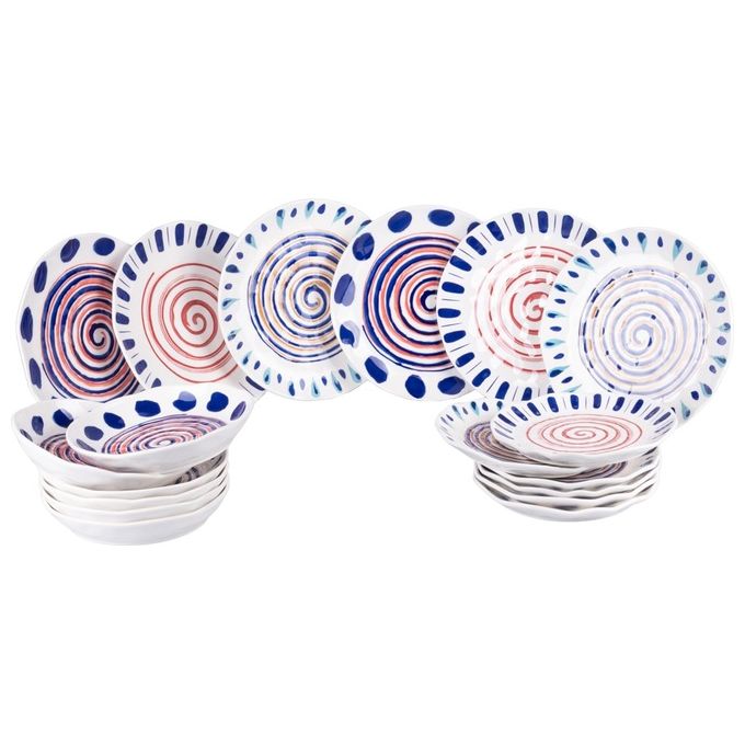 Villa d'Este Home Tivoli 1996 5922475 Sahara Servizio Piatti 18 pezzi 6 posti tavola 3 decori ceramica finitura lucida colore Bianco Rosso Blu Arancio