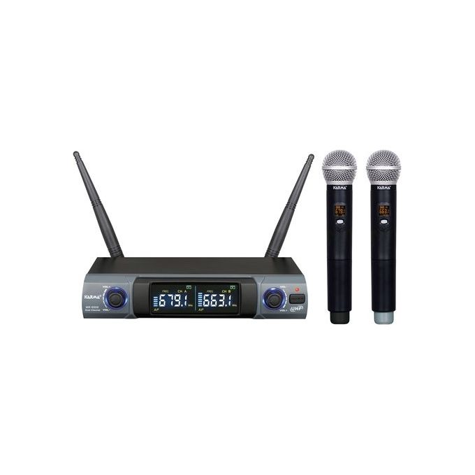 Karma SET 8302 Doppio Radiomicrofono Palmare UHF 48 Canali Portata 50m Connettori XLR e Jack 6,3mm Alimentazione USB Display Integrato Sistema Easy Change colore Nero