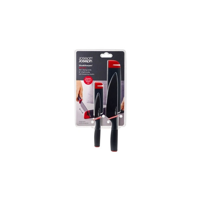 Joseph Joseph 10146 Slice and Sharpen Set di 2 Coltelli con Affilatore Integrato Manici Ergonomici Acciaio Inossidabile Silicone colore Nero e Rosso
