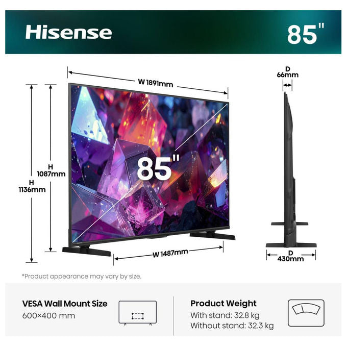 Hisense 85E79SPRO Smart TV 85'' QLED 4K Ultra HD 144 Hz Dolby Vision IQ VIDAA colore Nero