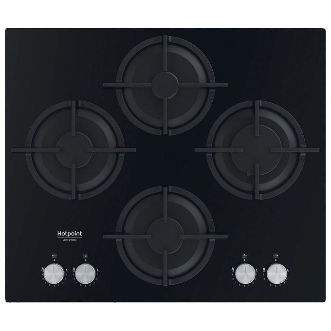 Hotpoint Ariston HAGS 61S-BK piano cottura a gas da incasso, 4 fuochi, superficie in vetro nero griglie in ghisa 60 cm