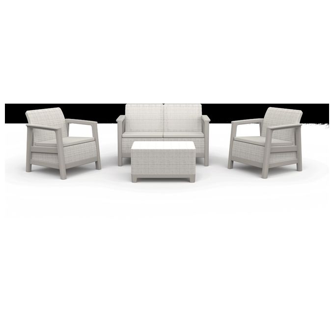 Keter 264038 Scandi Linea Lounge Set Salotto da Giardino 4 pezzi Divano 2 Poltrone Tavolino Contenitore Cuscini Inclusi colore Beige