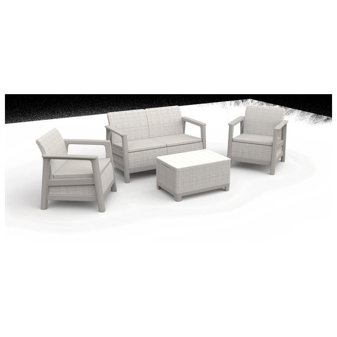 Keter 264038 Scandi Linea Lounge Set Salotto da Giardino 4 pezzi Divano 2 Poltrone Tavolino Contenitore Cuscini Inclusi colore Beige