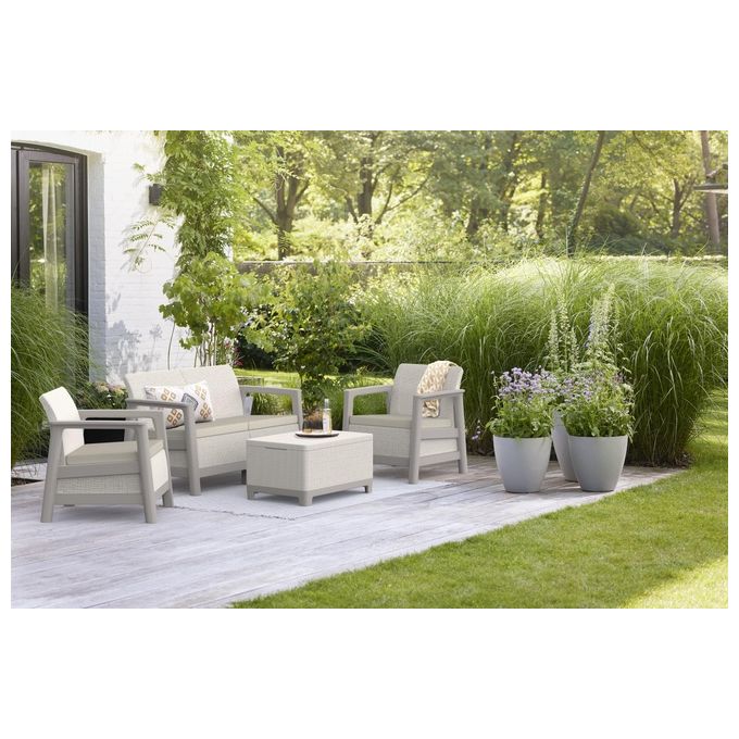 Keter 264038 Scandi Linea Lounge Set Salotto da Giardino 4 pezzi Divano 2 Poltrone Tavolino Contenitore Cuscini Inclusi colore Beige