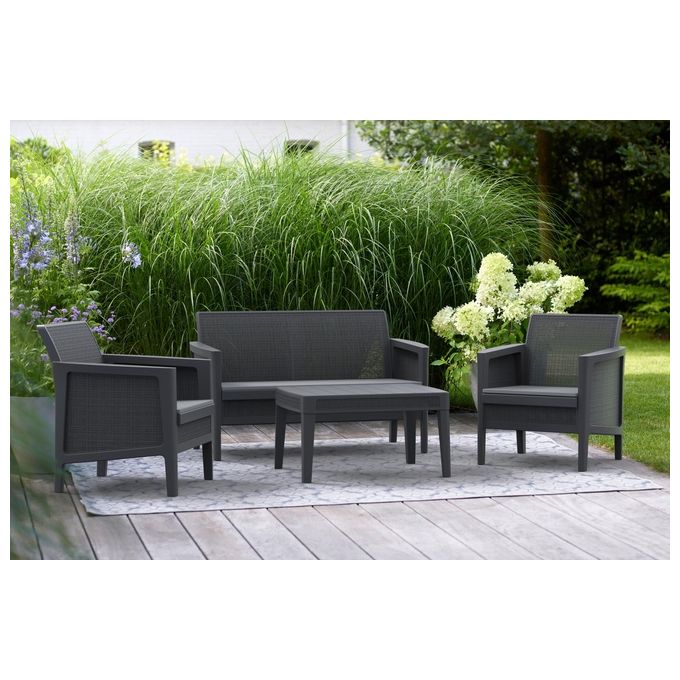 Keter ATLAS FORMA Set Salotto da Giardino 4 Posti 2 Poltrone Divano Tavolino Cuscini Inclusi Resina UV colore Grafite
