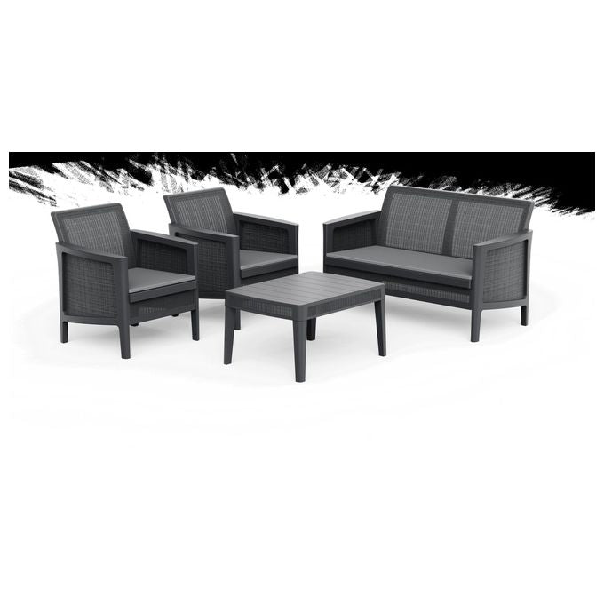 Keter ATLAS FORMA Set Salotto da Giardino 4 Posti 2 Poltrone Divano Tavolino Cuscini Inclusi Resina UV colore Grafite