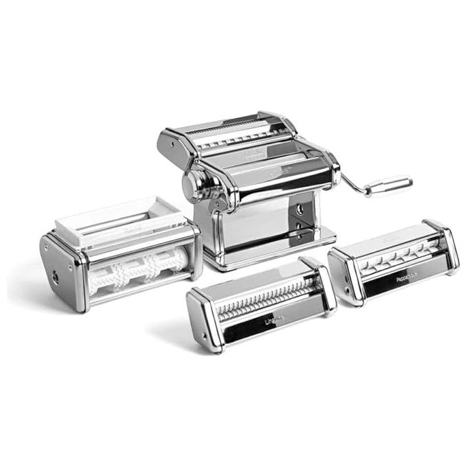 Marcato ATLAS+ Multipast+ Set per la Preparazione della Pasta con 3 Accessori Extra per Lasagne Fettuccine Tagliolini Spaghetti Ravioli Linguine 10 Regolazioni Spessore Acciaio Cromato Alluminio Anodizzato colore Argento