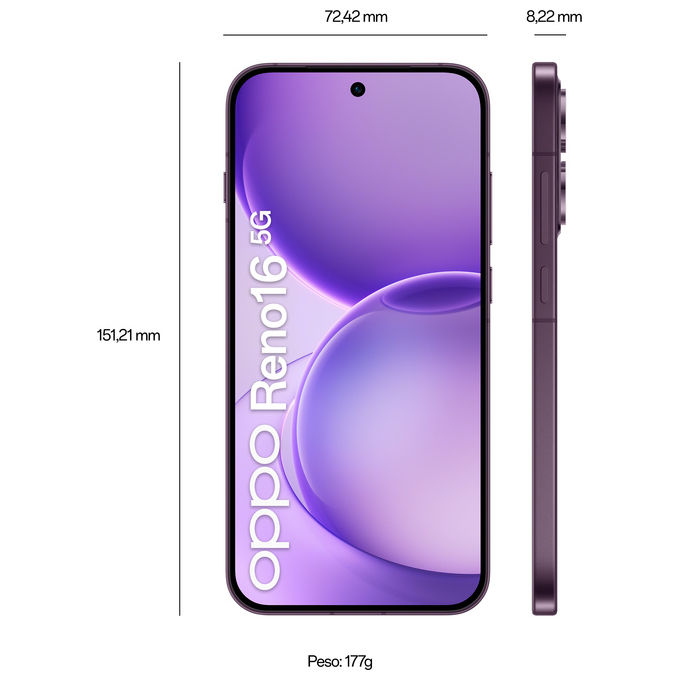 Oppo 110010237513 Reno16 5G Smartphone Tripla Fotocamera 50MP+50MP+50MP Display 6.32'' AMOLED 120Hz RAM 8GB ROM 512GB Batteria 6000mAh Ricarica 80W colore Viola