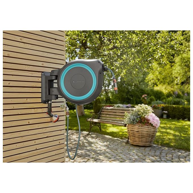 GARDENA 18630-20 RollUp XL Avvolgitubo a Parete 35 m Diametro 13 mm Rotazione 180° con Lancia e Raccordi colore Azzurro